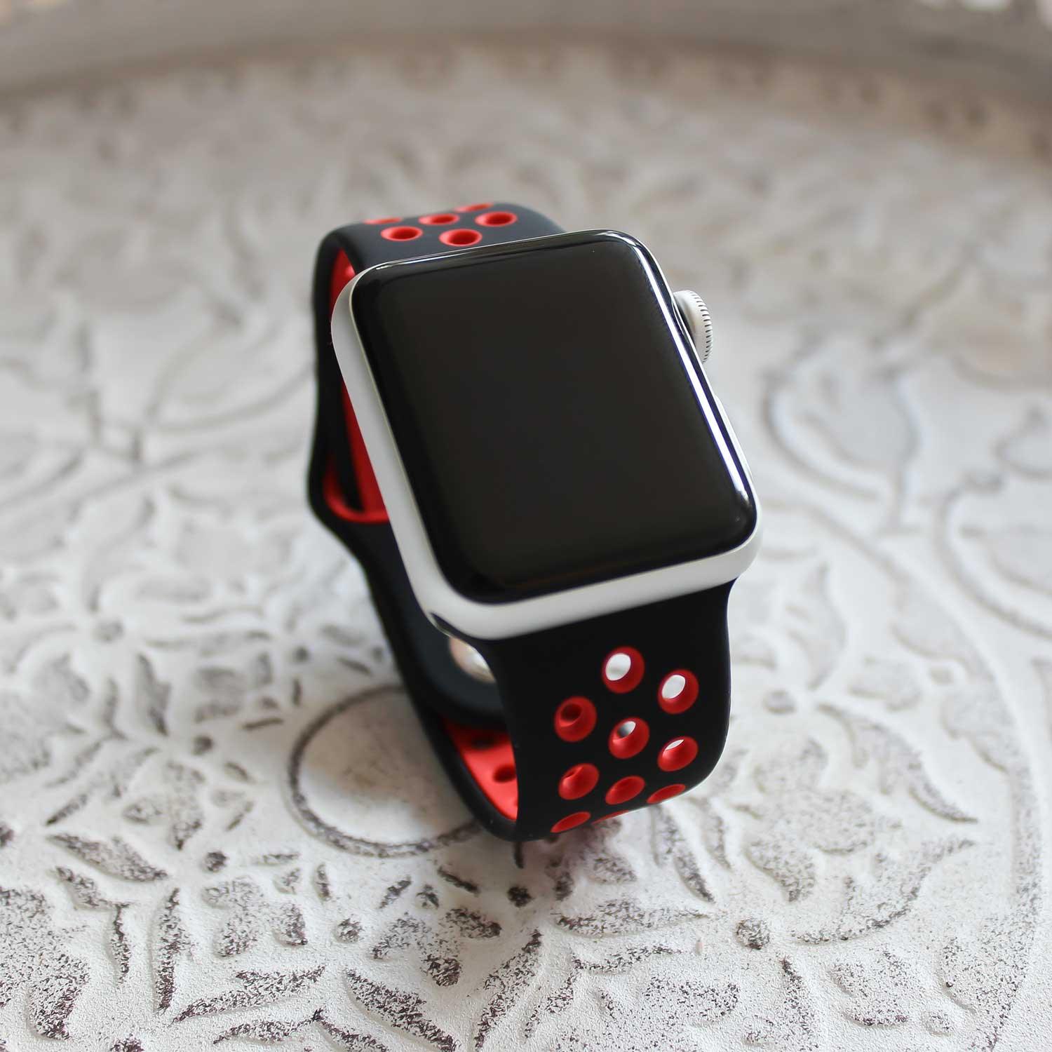 Bracelet Apple Watch - double - silicone - noir rouge
