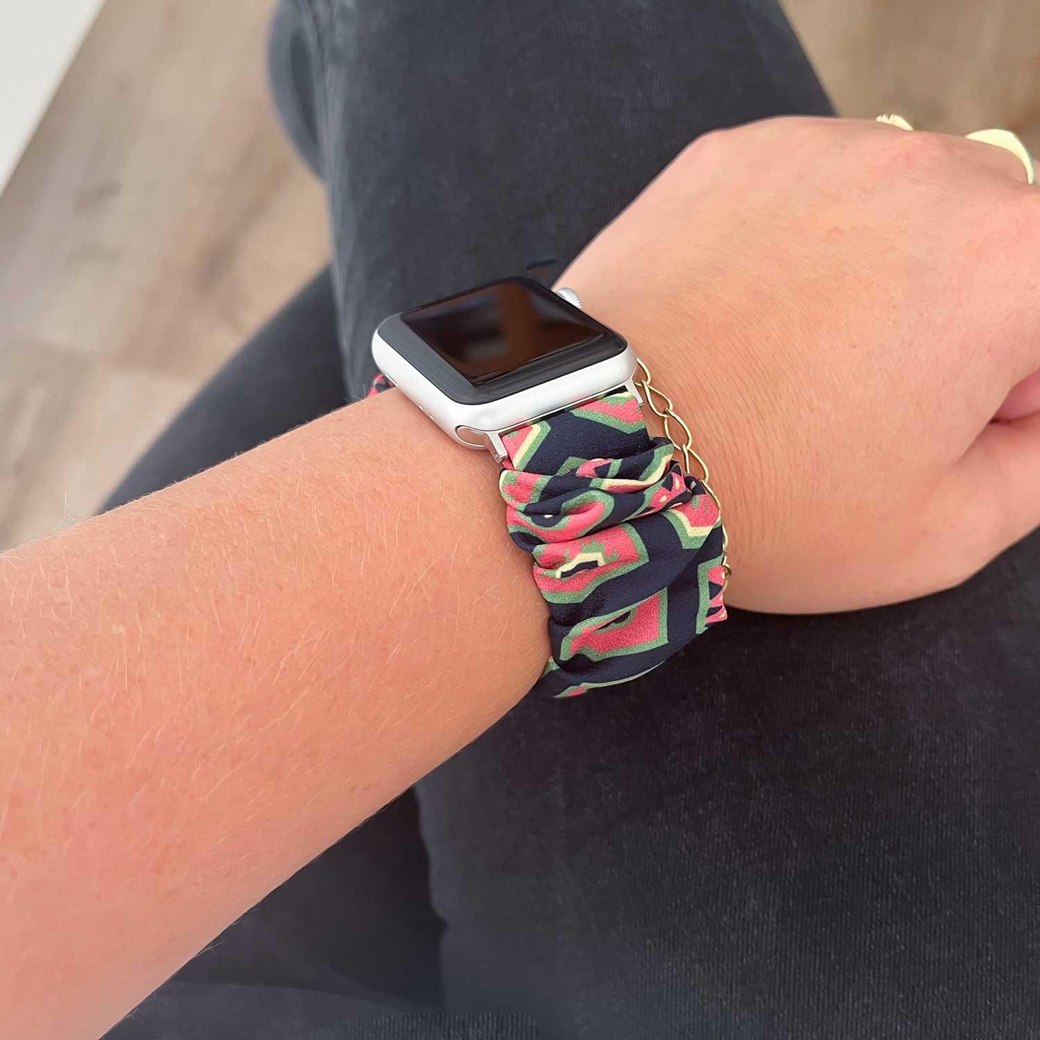 Bracelet Apple Watch Savara - chouchou - nylon - bleu foncé avec rose et vert
