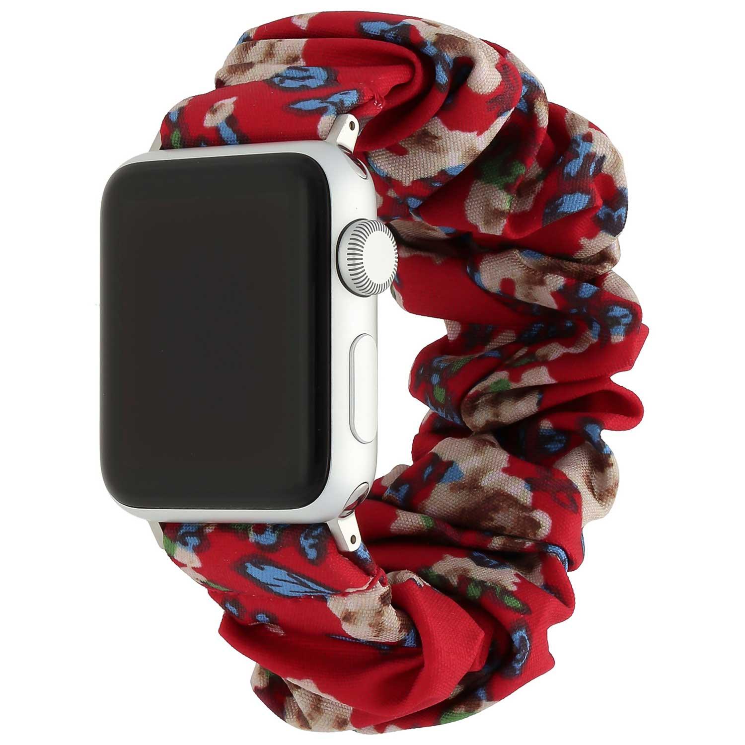 Bracelet Apple Watch Savara - chouchou - nylon - rouge à fleurs