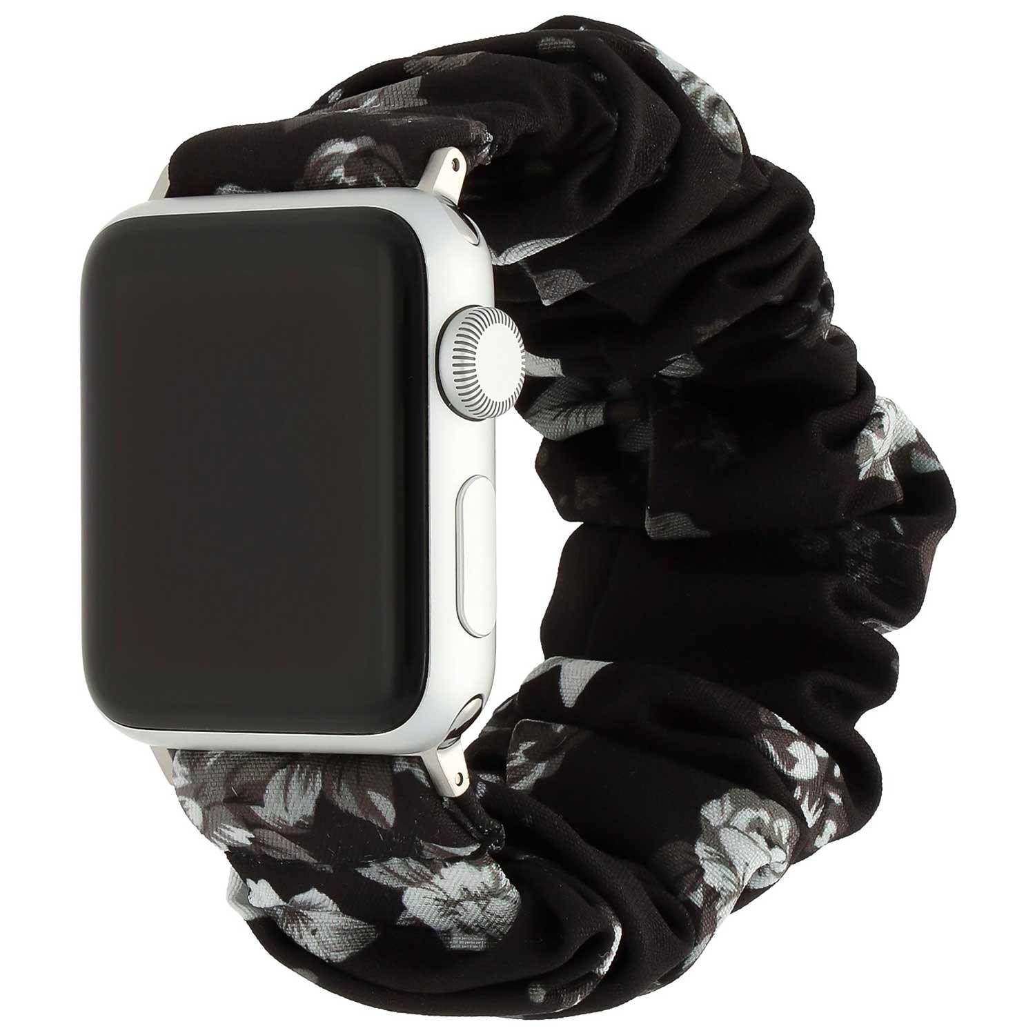 Bracelet Apple Watch Savara - chouchou - nylon - noir avec roses