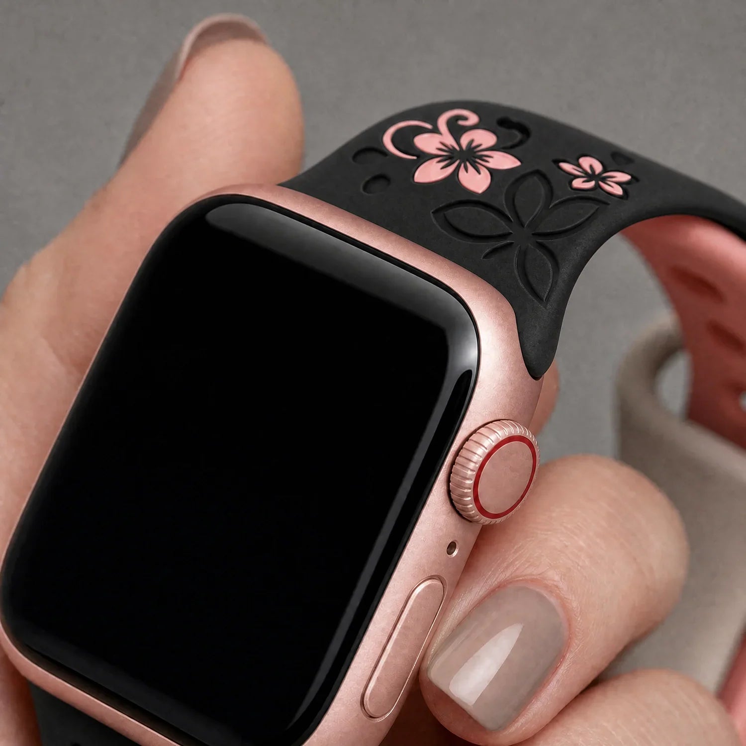 Bracelet Apple Watch Livia à imprimé floral – silicone – Noir