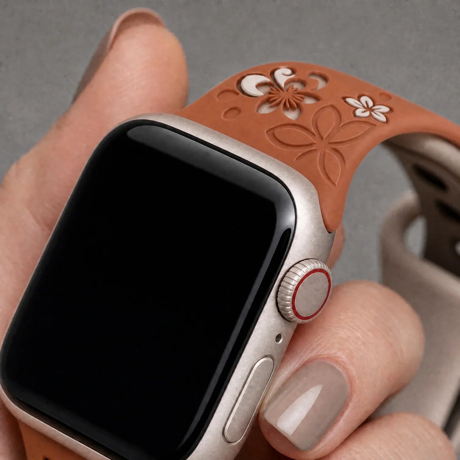 Bracelet Apple Watch Livia à imprimé floral – silicone – Marron