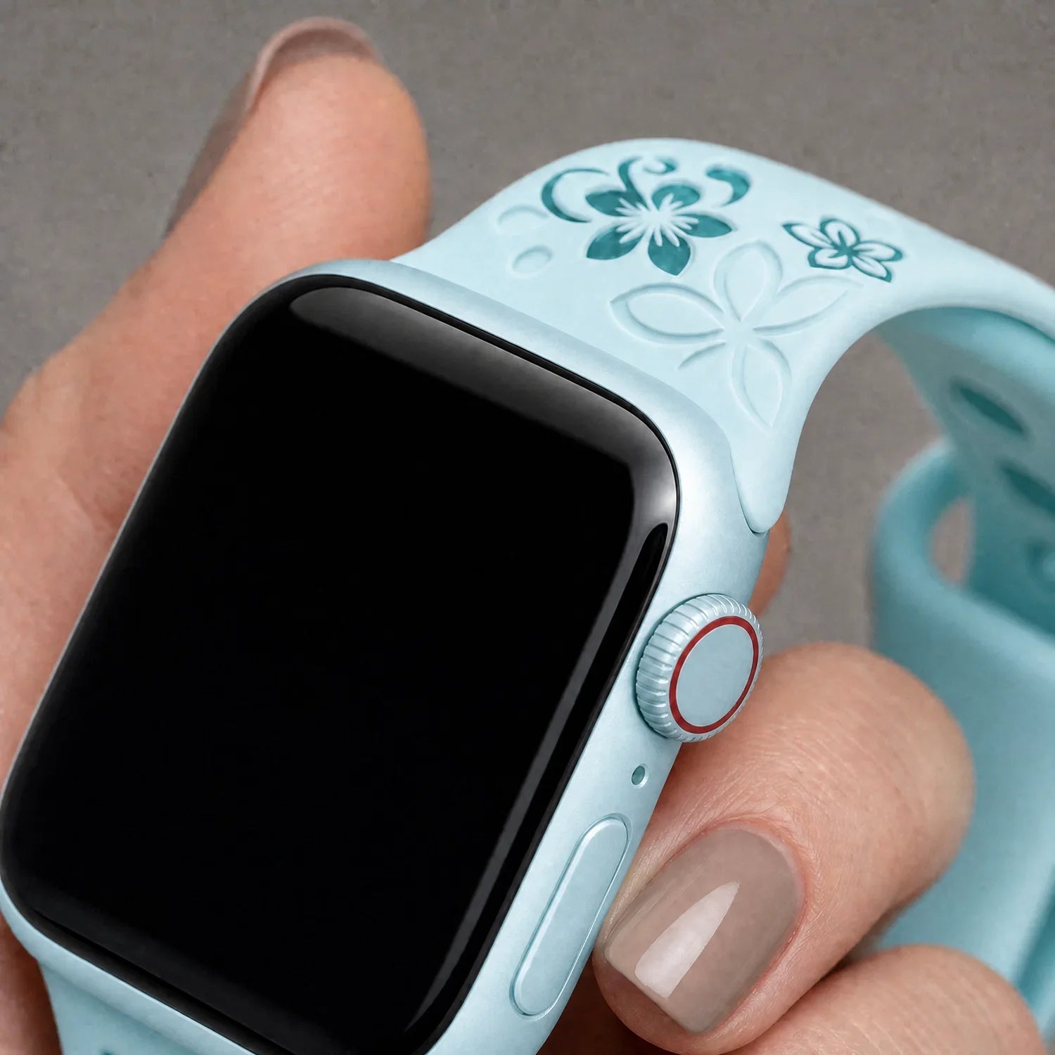 Bracelet Apple Watch Livia à imprimé floral – silicone – bleu clair