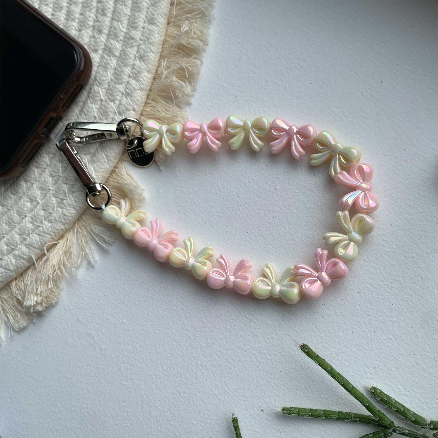 Cordon de téléphone Bow - rose clair blanc - argent