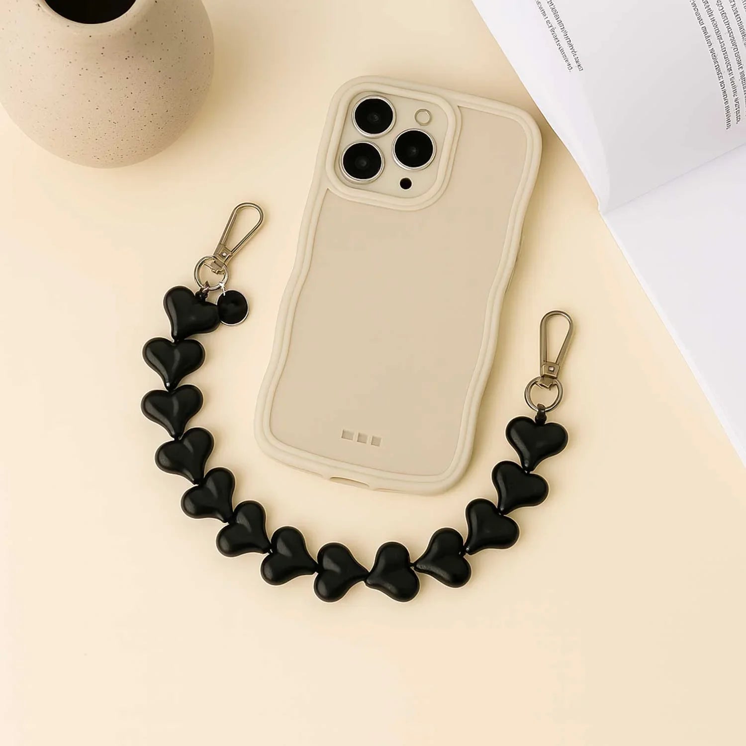 Cordon de téléphone Heart - noir uni - argent