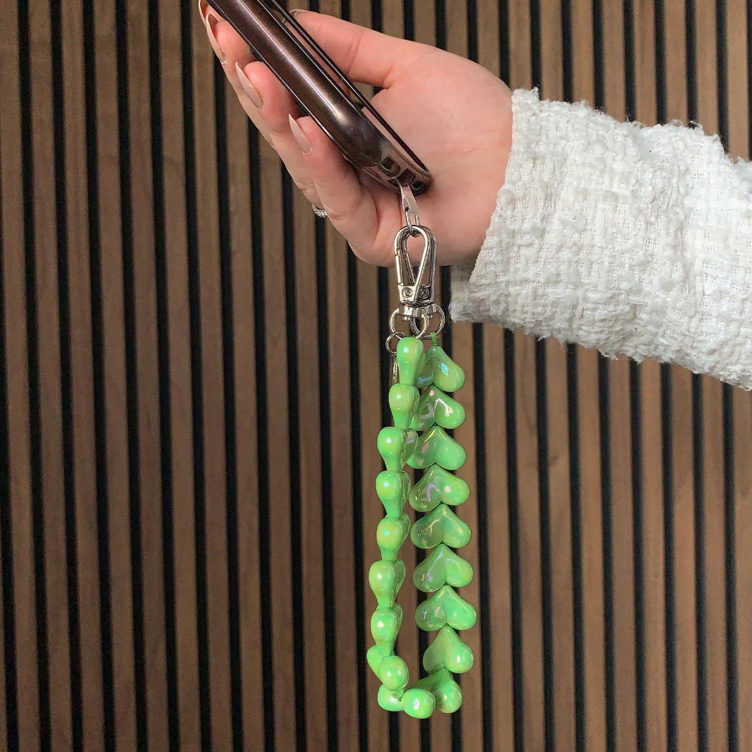Cordon pour téléphone Cœur - vert pomme - argent