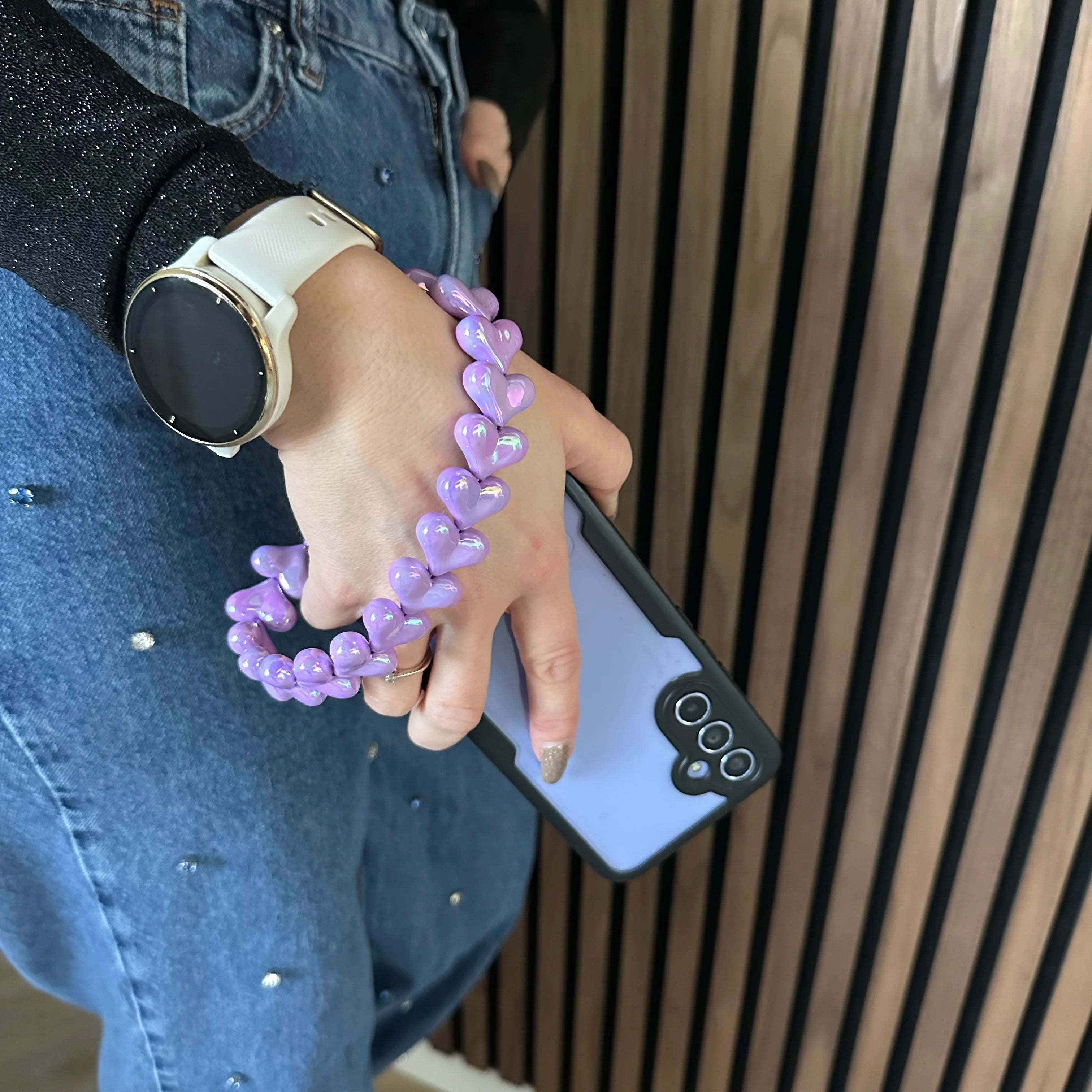 Cordon de téléphone Cœur - violet pailleté - argenté