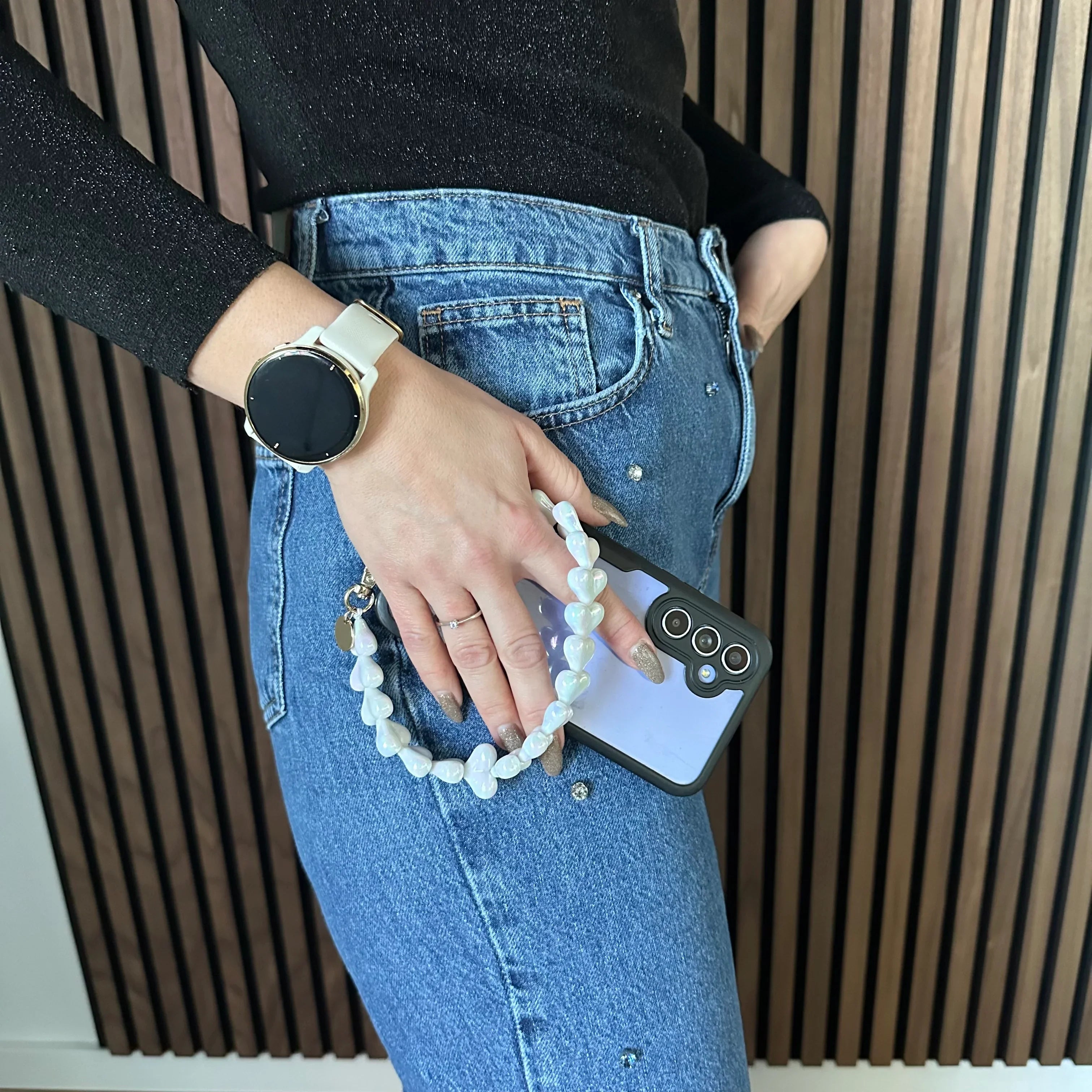 Cordon de téléphone Cœur - blanc brillant - doré