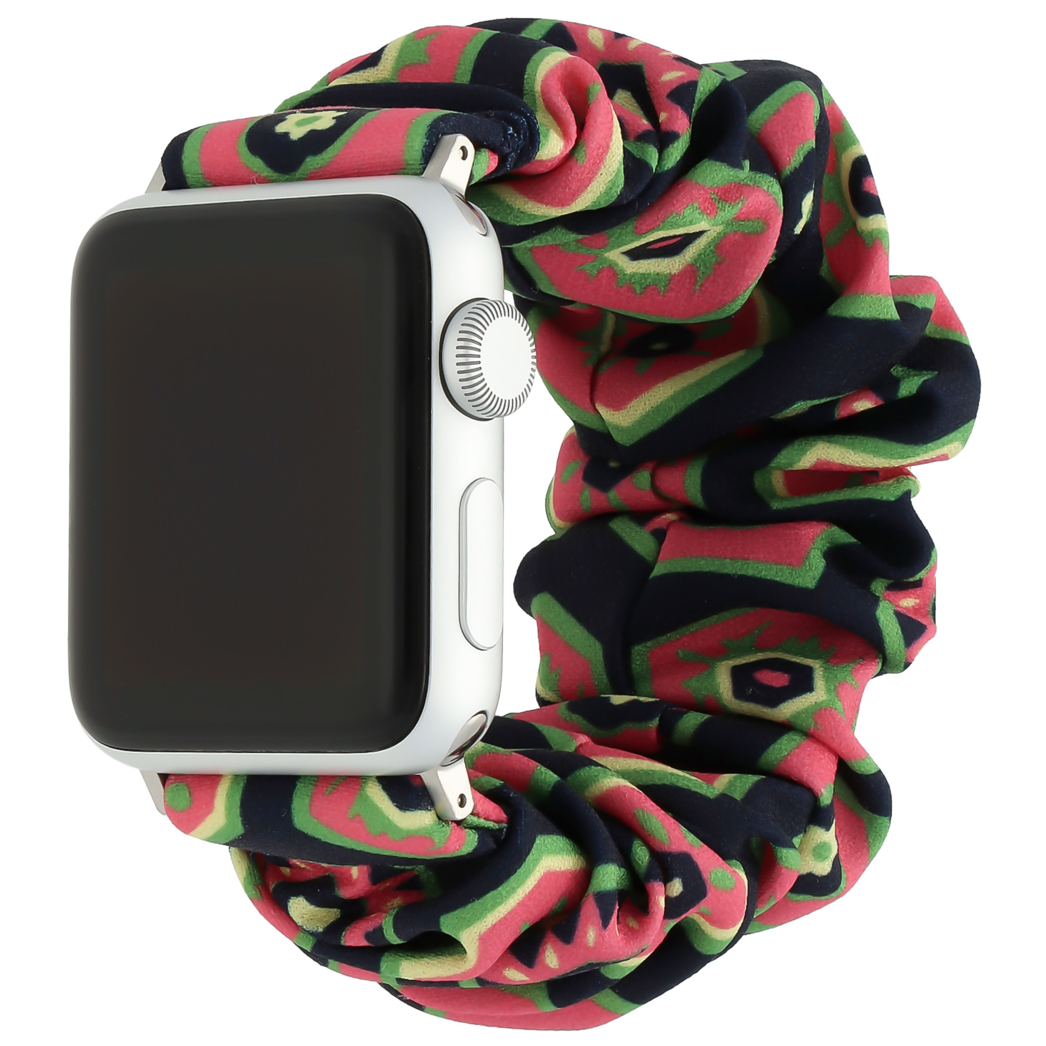 Bracelet nylon chouchou Apple Watch - bleu foncé avec rose et vert