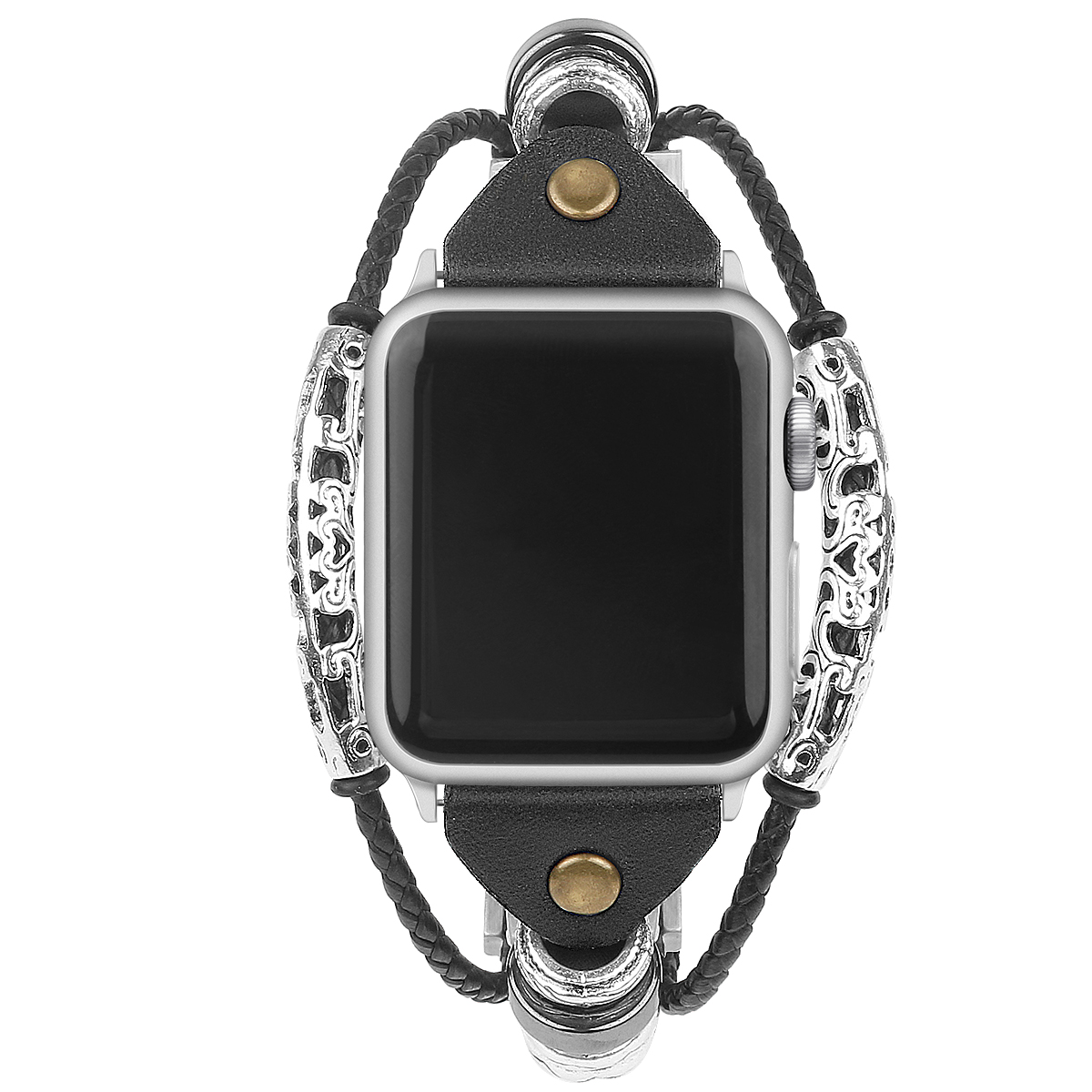 Bracelet en cuir bijoux robuste Apple Watch - perles noir