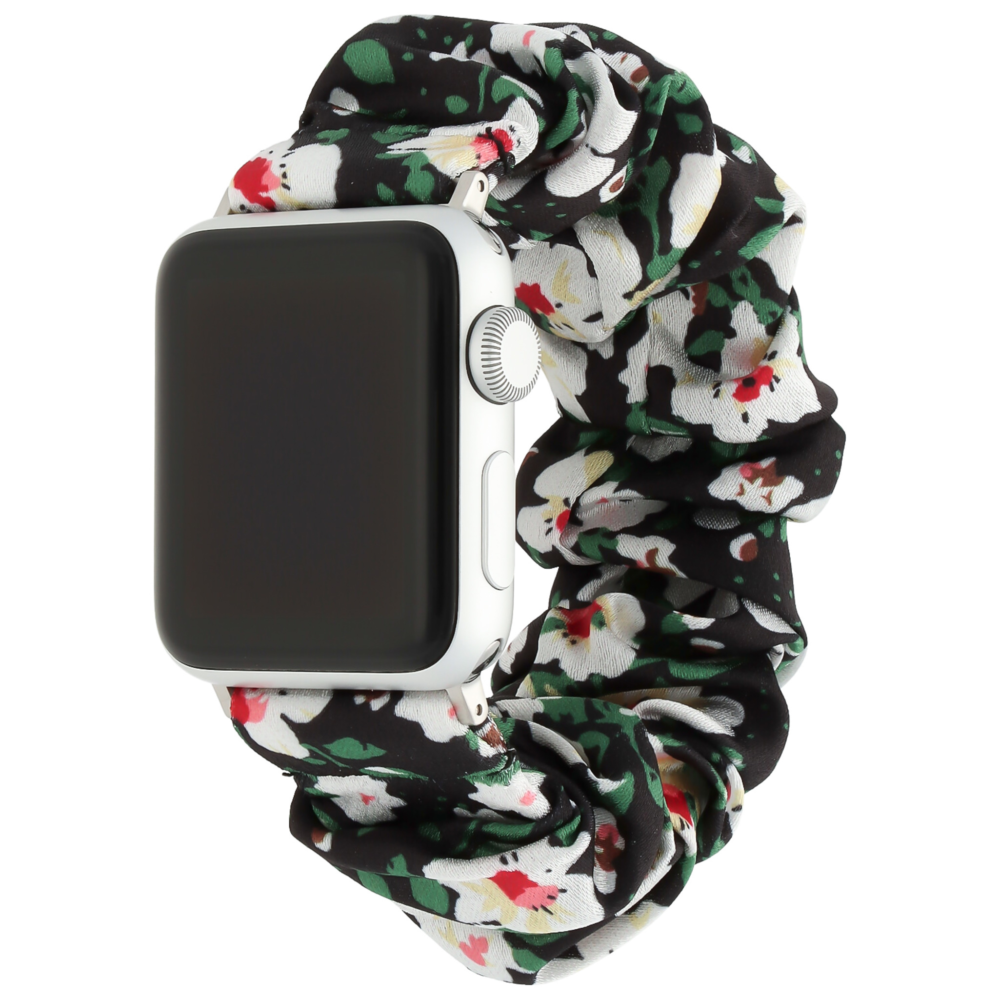 Bracelet nylon chouchou Apple Watch - noir avec des fleurs blanches