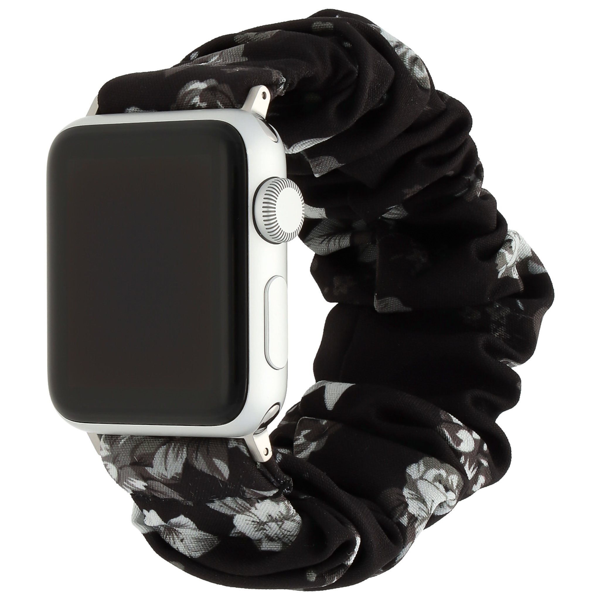 Bracelet nylon chouchou Apple Watch - noir avec des roses