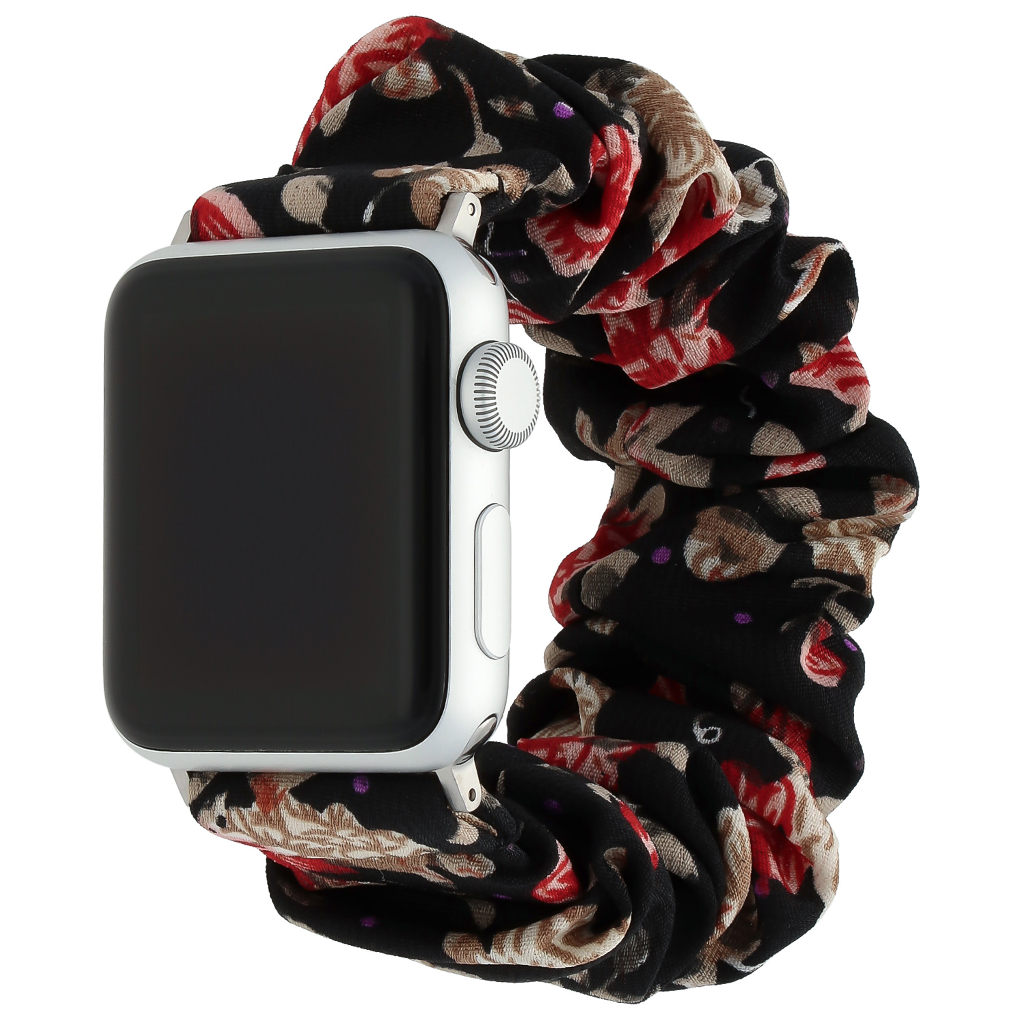 Bracelet nylon chouchou Apple Watch - noir avec des fleurs