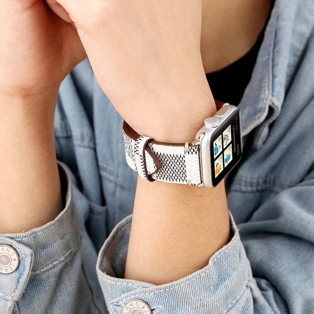 Bracelet quadrillé en cuir Apple Watch - blanc