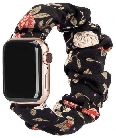 Bracelet nylon chouchou Apple Watch - fleurs noir