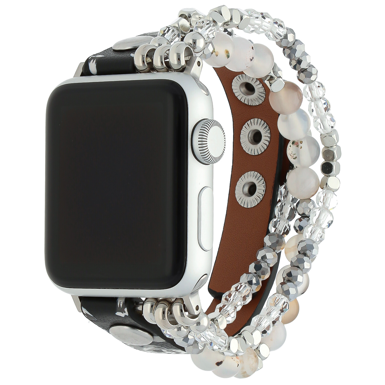 Bracelet en cuir bijoux Apple Watch - fleurs noir