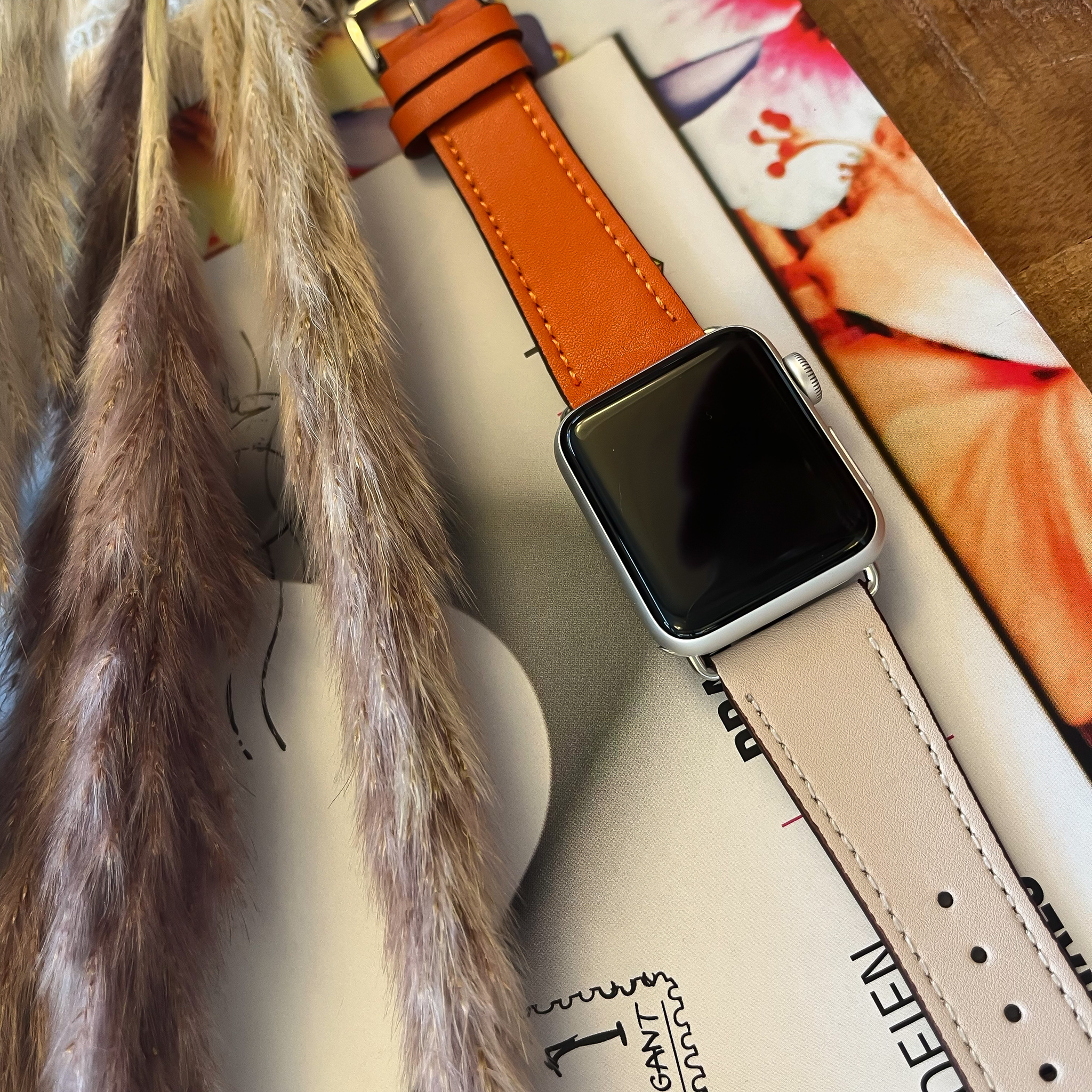 Bracelet en cuir simple tour Apple Watch - orange blanc