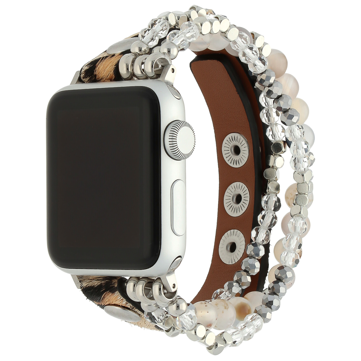 Bracelet en cuir bijoux Apple Watch - argent léopard